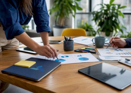 Workspace with market research documents and Blue Prysm logo