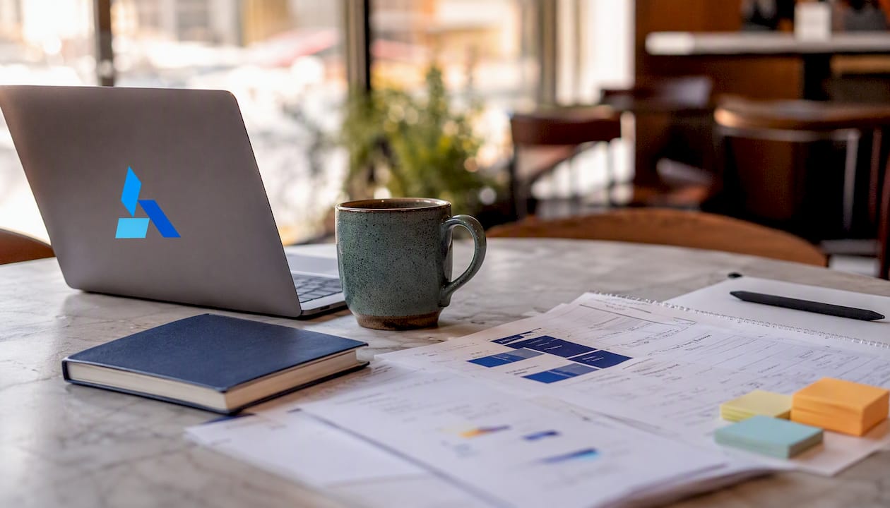 Home office desk with research planning materials and Blue Prysm logo