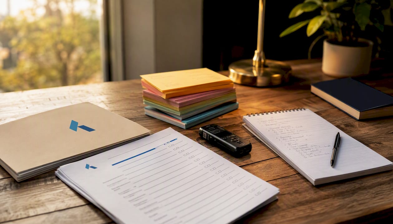 Overhead view of market research data collection tools with Blue Prysm logo