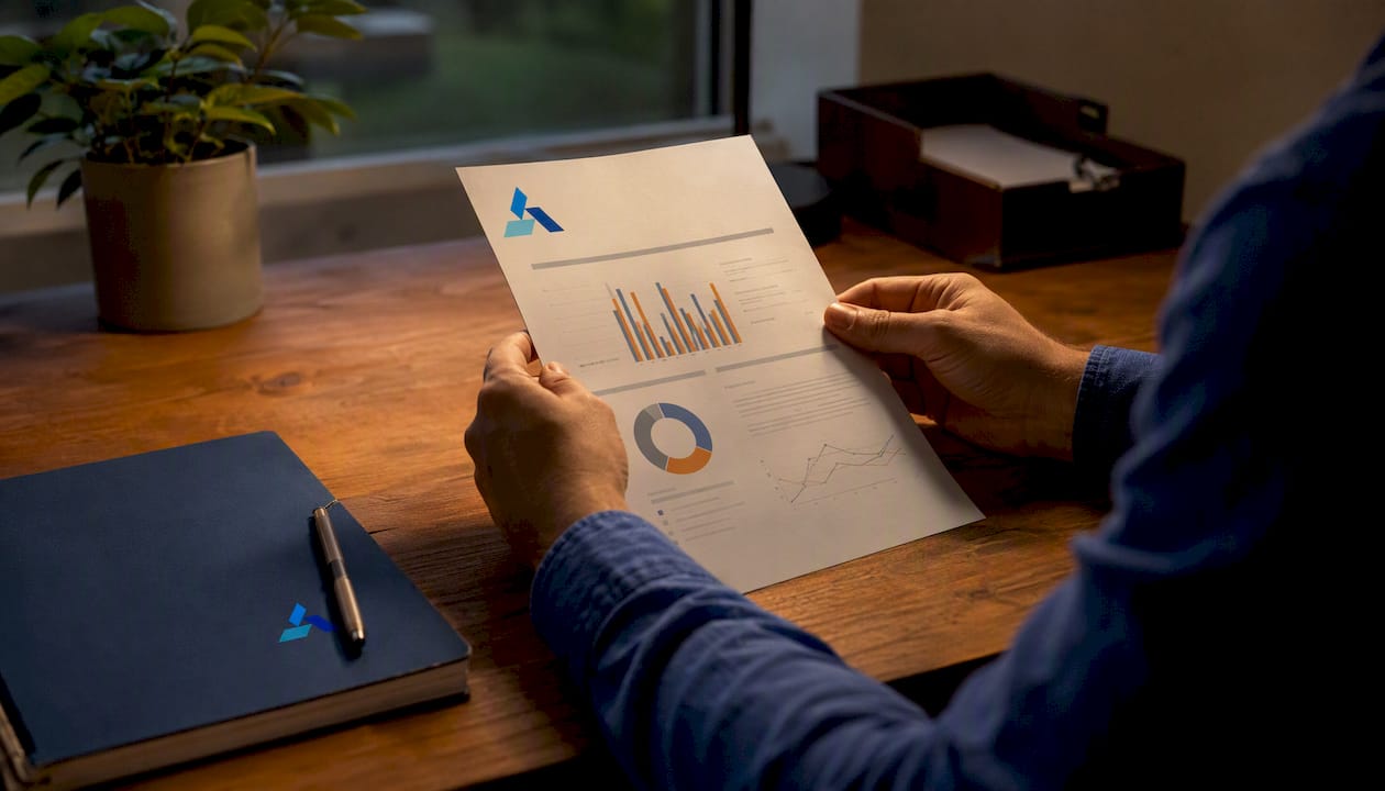 Close-up of hands reviewing a business memo with logo
