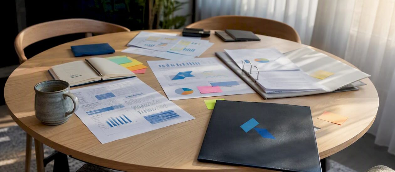 Desk with business planning materials and Blue Prysm logo