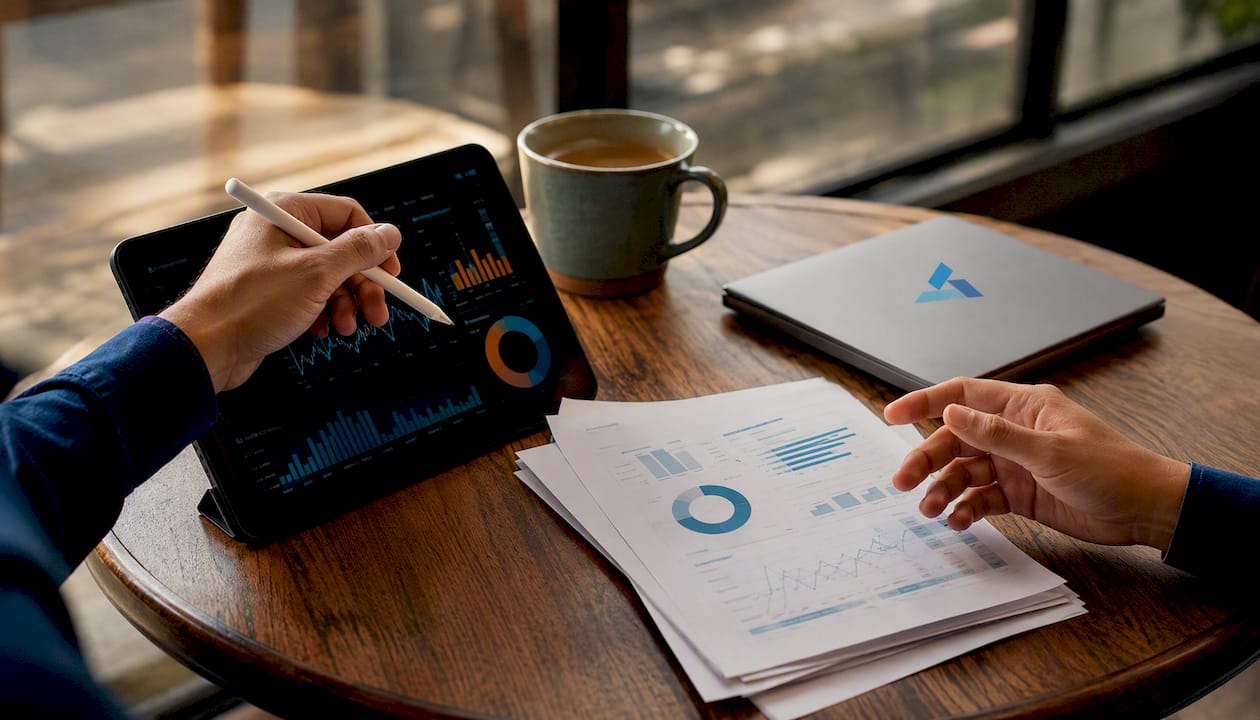 Hands using tablet and Blue Prysm report on desk
