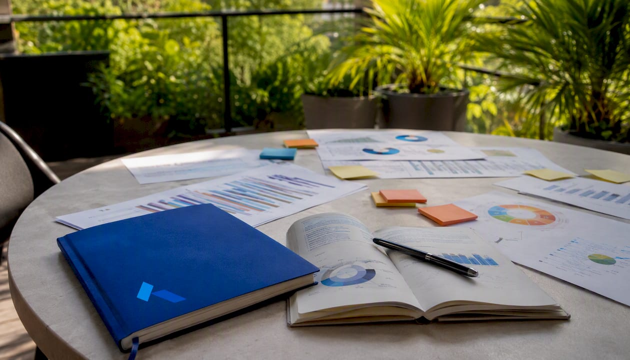 Meeting room with data dashboards and Blue Prysm notebook