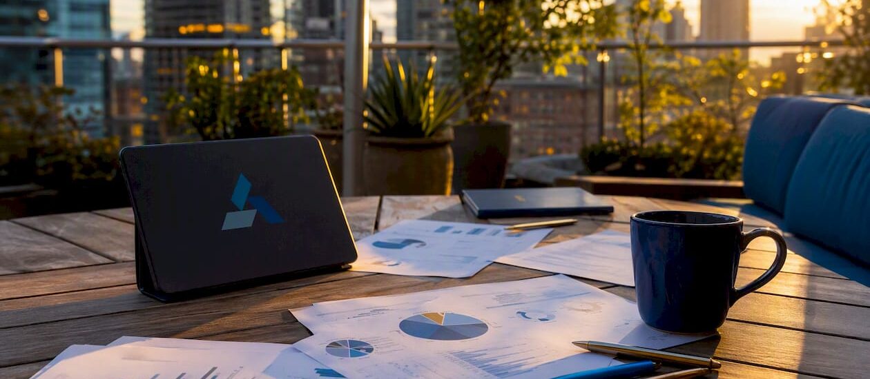 Workspace with Blue Prysm branded devices and printed reports
