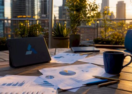 Workspace with Blue Prysm branded devices and printed reports