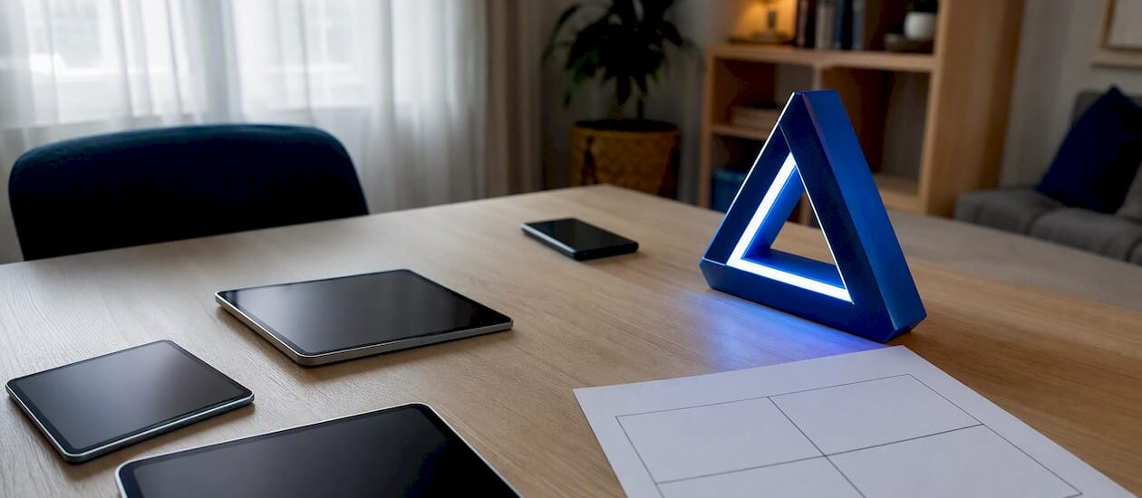 Workspace with SWOT materials and Blue Prysm logo