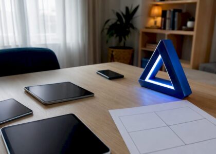 Workspace with SWOT materials and Blue Prysm logo