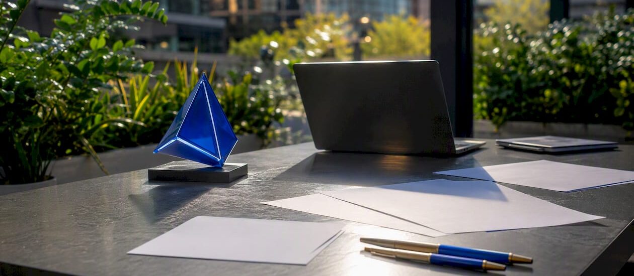 Workspace with social media strategy materials and Blue Prysm logo