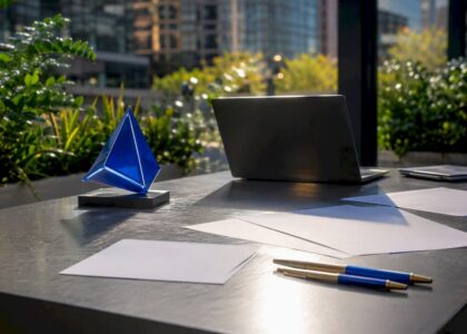 Workspace with social media strategy materials and Blue Prysm logo