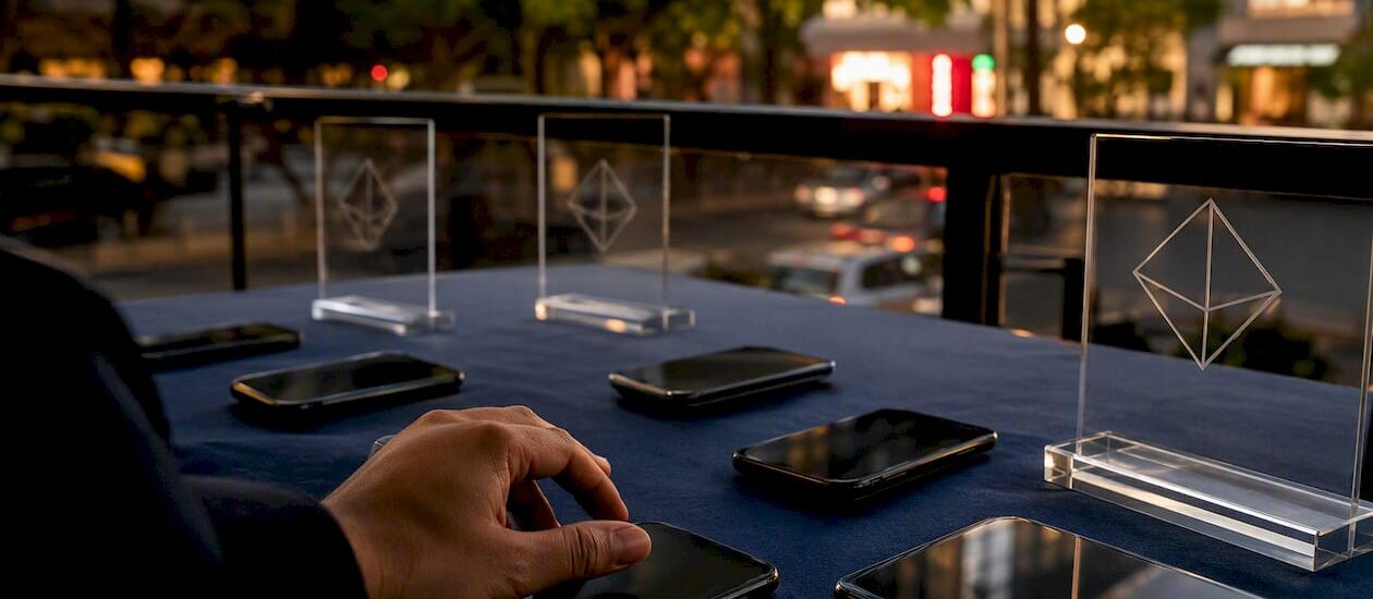 Smartphones and Blue Prysm logos on table