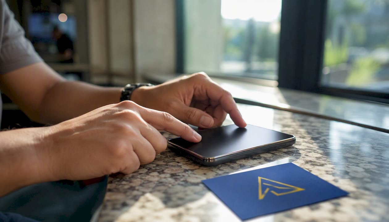 Hands interacting with phone and Blue Prysm card