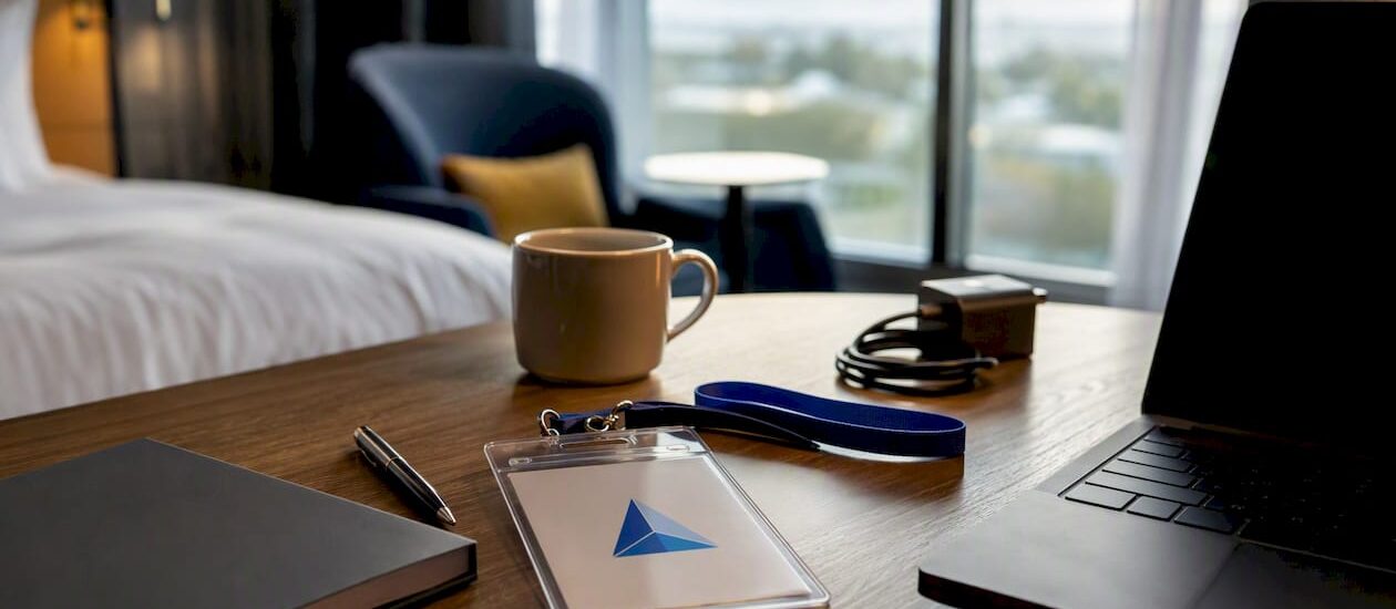 Workspace with conference preparation items and Blue Prysm logo