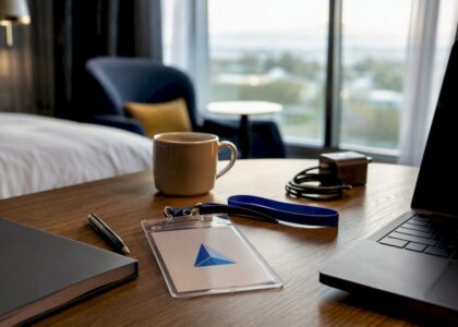 Workspace with conference preparation items and Blue Prysm logo