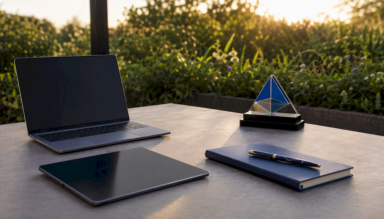 Workspace with Blue Prysm logo and digital devices