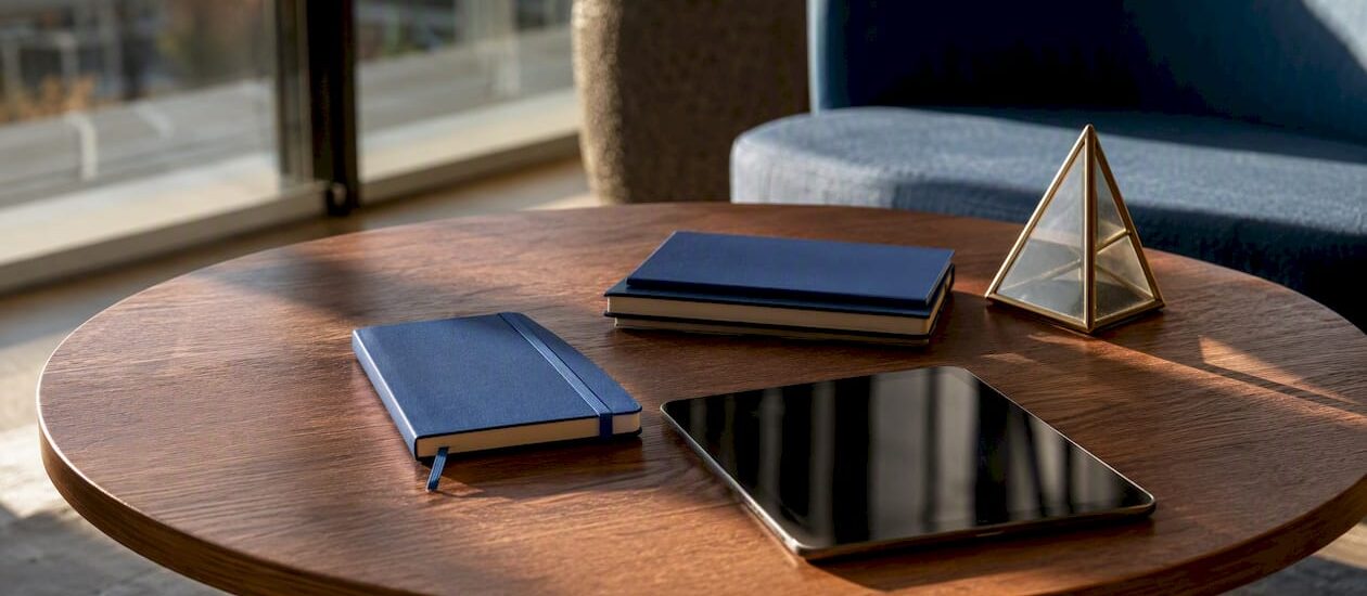 Table with Blue Prysm folders and logo plaque