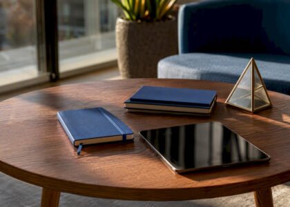 Table with Blue Prysm folders and logo plaque