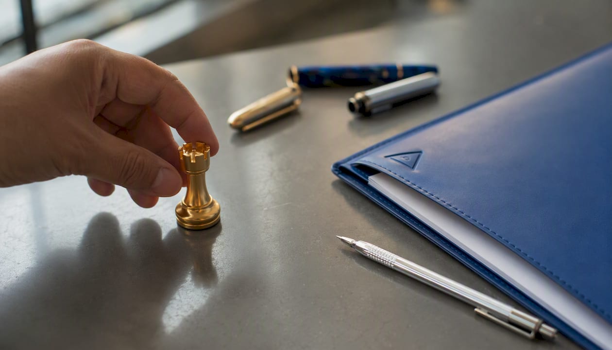 Hand moving gold chess piece near Blue Prysm branded notebook
