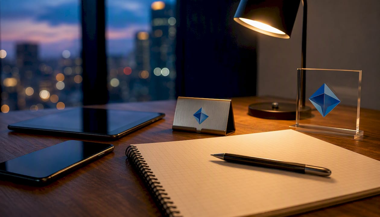 Workspace with Blue Prysm branded elements and tools