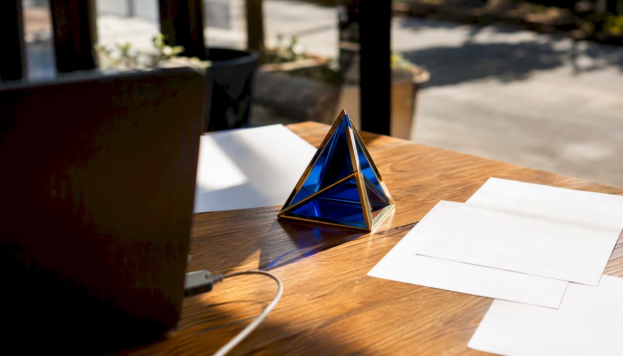 Conference table with prism plaque and tech details