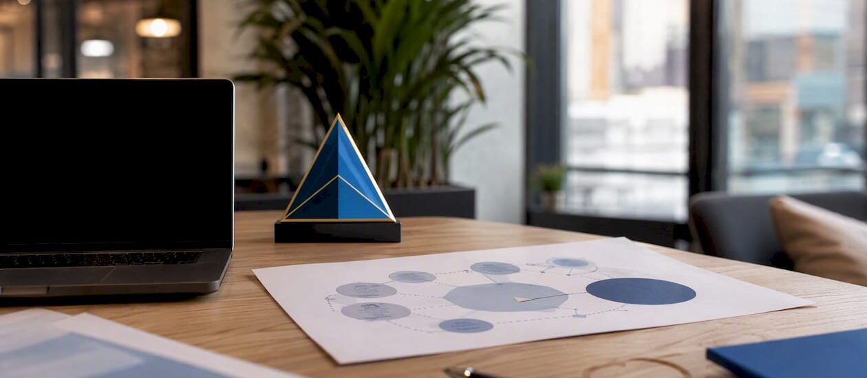 Desk with competitor chart and logo plaque