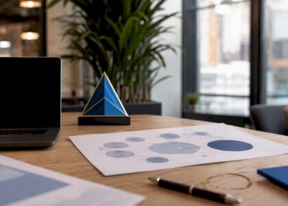 Desk with competitor chart and logo plaque