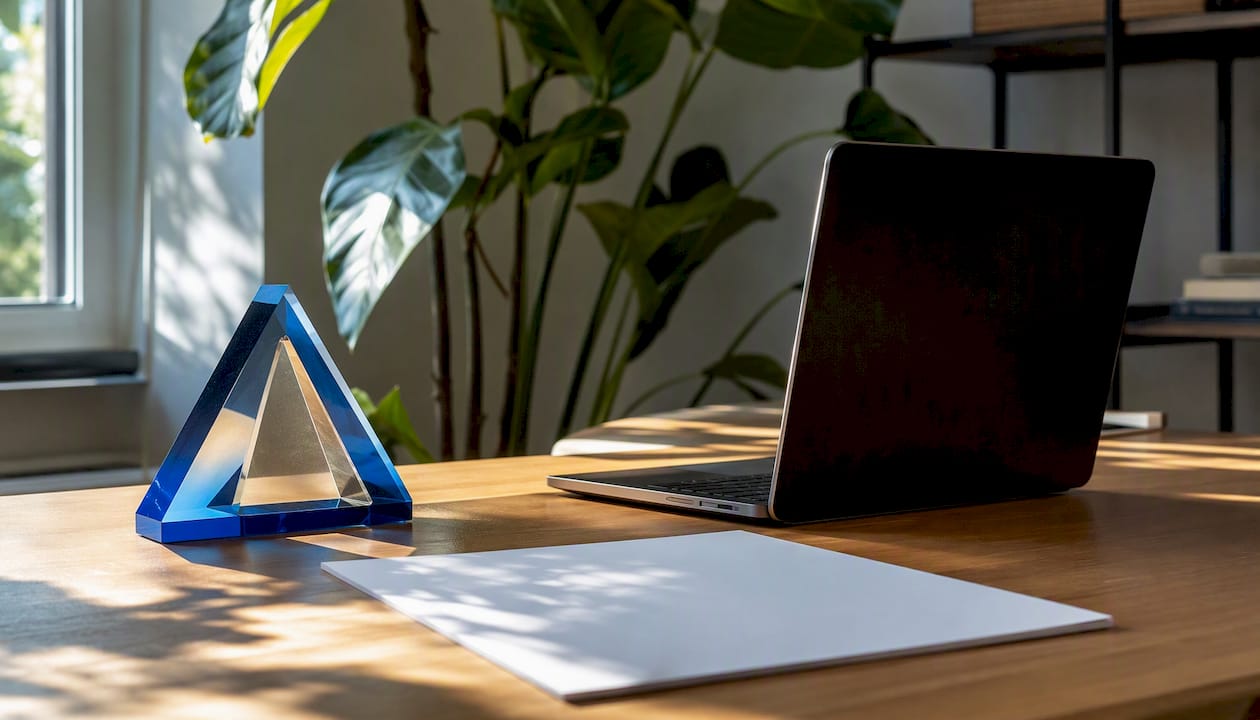 Desk with strategic diagram and brand plaque