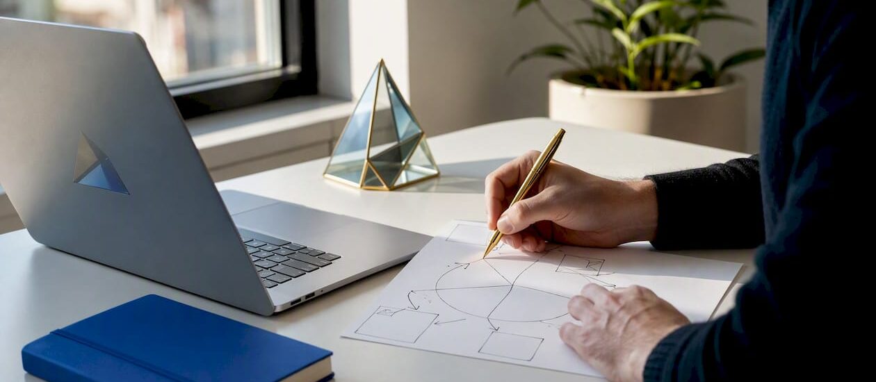 Hands sketching market sizing funnel at desk