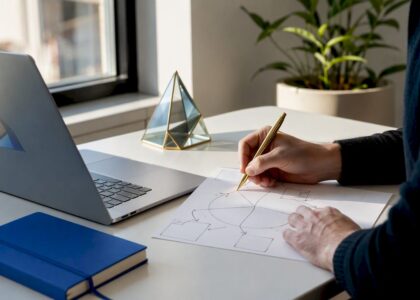 Hands sketching market sizing funnel at desk