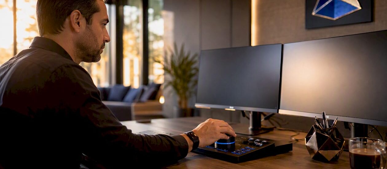 Hands adjusting data controls at workspace