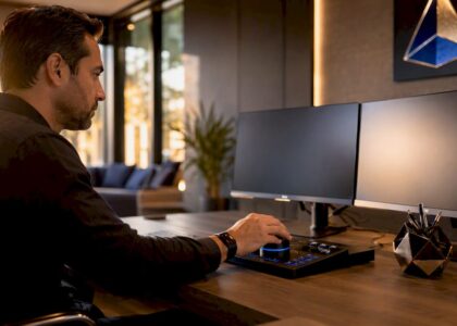 Hands adjusting data controls at workspace