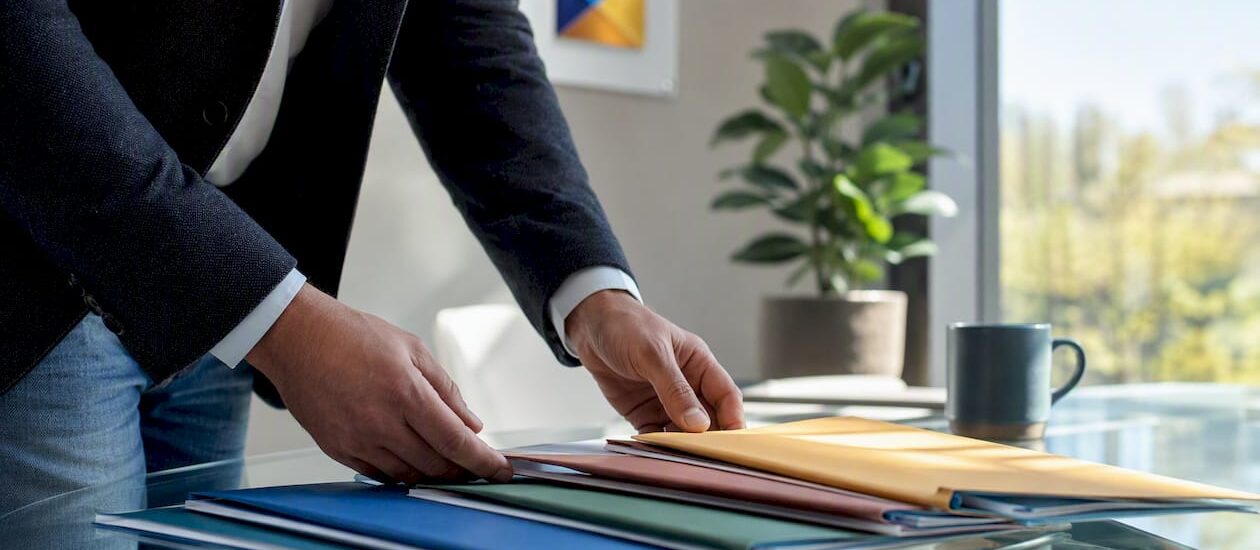 Business owner arranging competitor profiles on a table