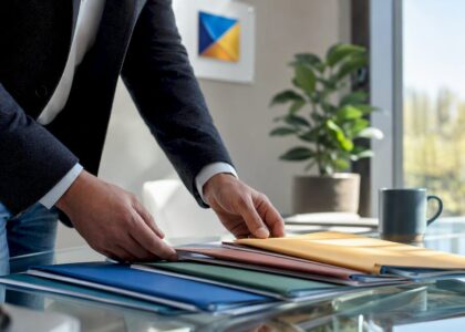 Business owner arranging competitor profiles on a table