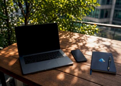 Modern workspace with devices and Blue Prysm logo