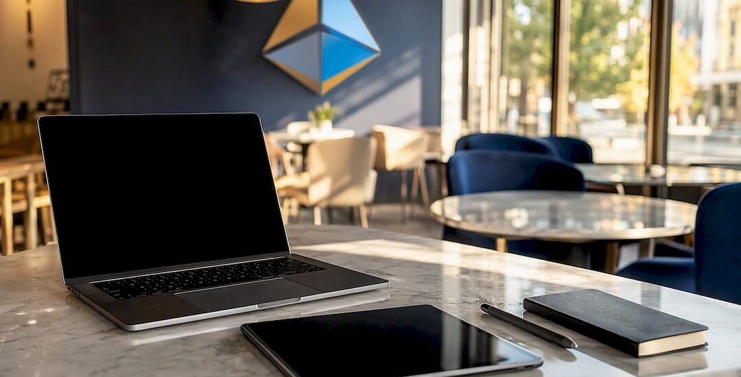 Conference table with devices and Blue Prysm logo plaque