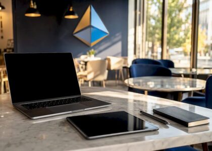 Conference table with devices and Blue Prysm logo plaque
