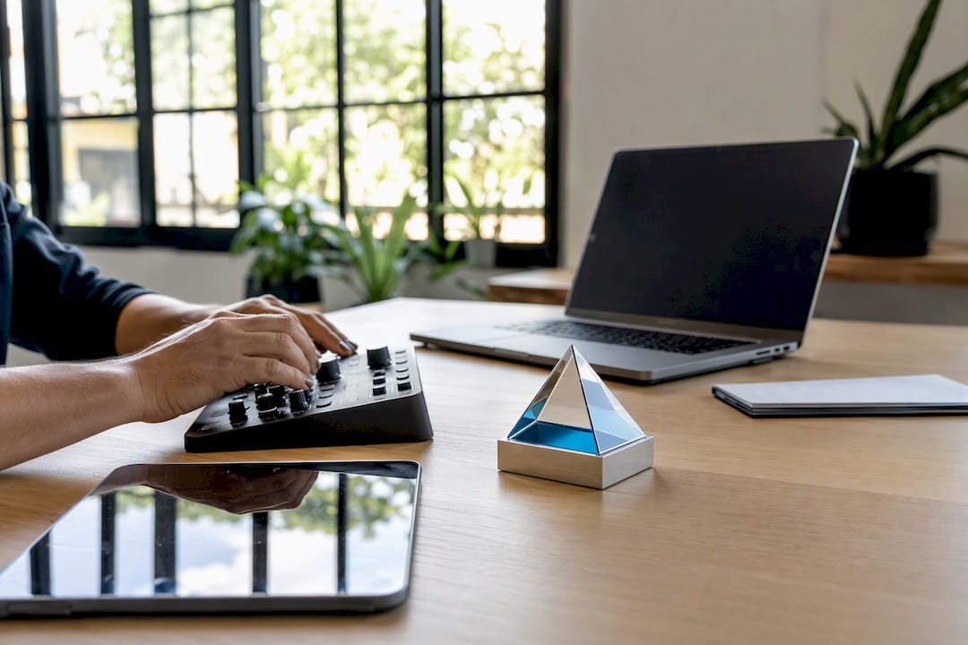 Hands adjusting dials with Blue Prysm logo on desk