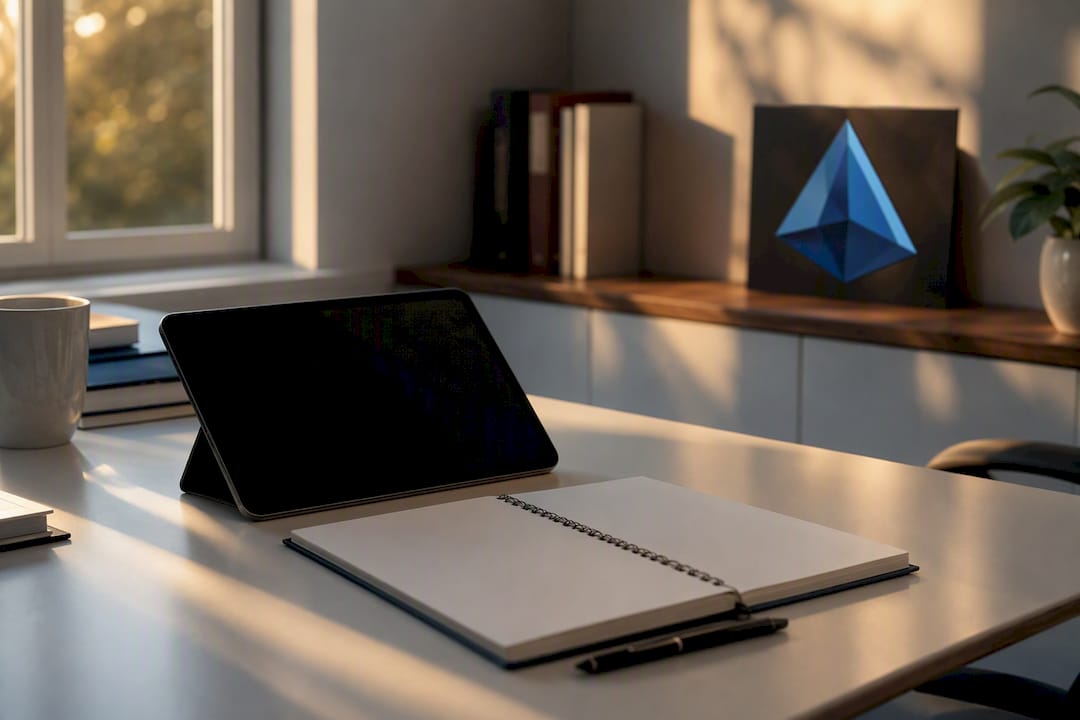 Desk with tablet, stylus, and Blue Prysm brand notebook