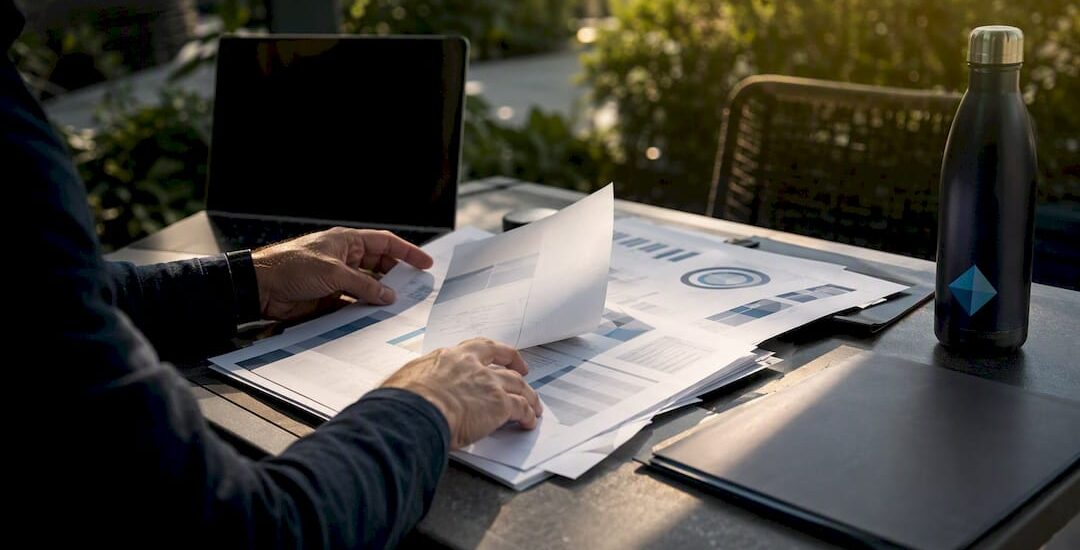 Hands analyzing competitor analytics reports