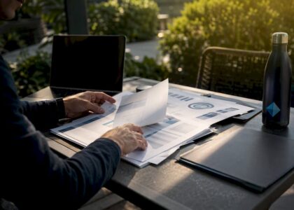 Hands analyzing competitor analytics reports