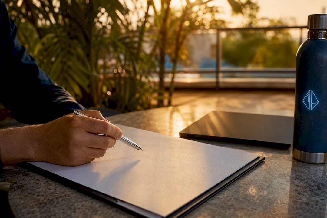 Hand pointing at laptop and tablet with brand logo
