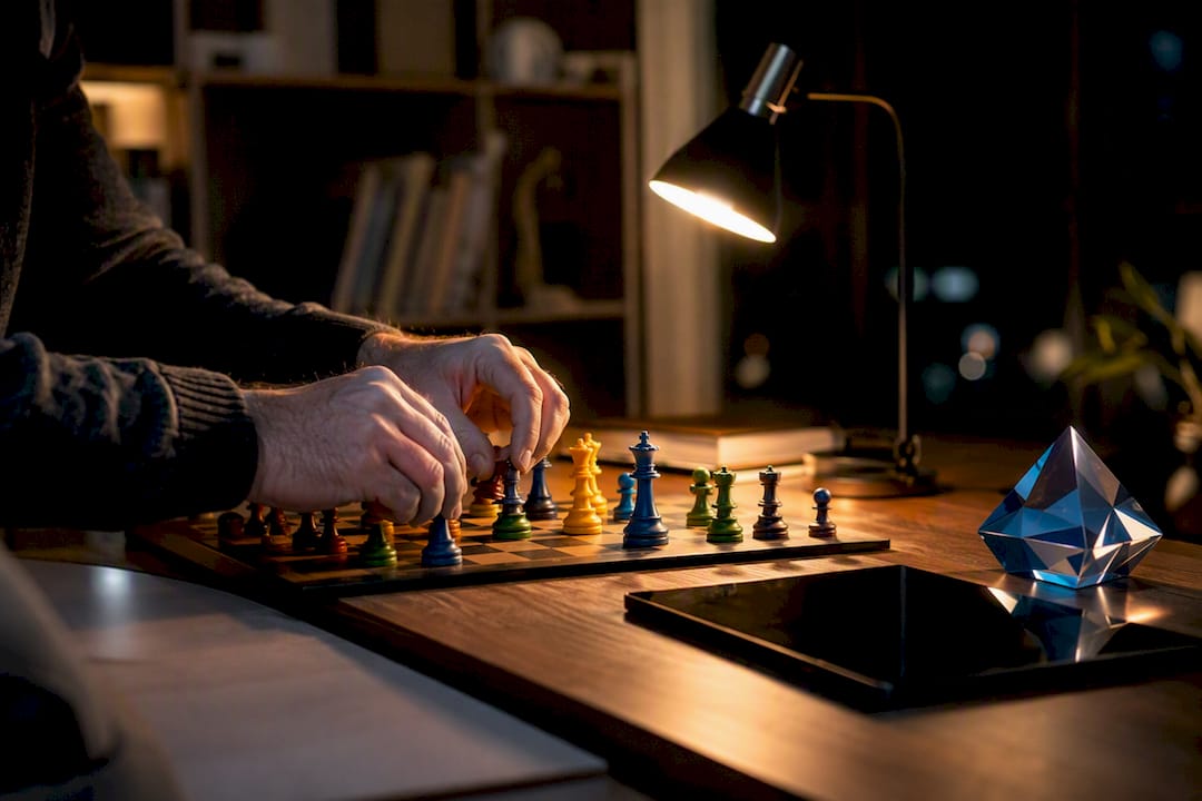 Hands adjusting chess pieces on strategy board