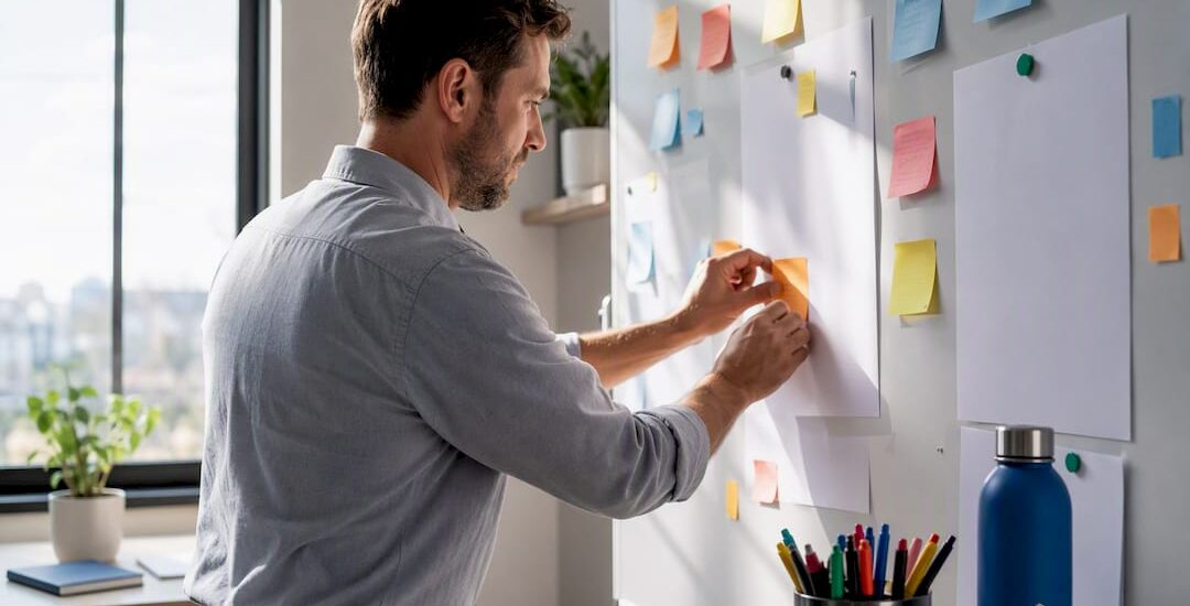 Workspace with strategic planning tools and logo