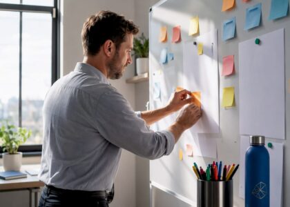 Workspace with strategic planning tools and logo