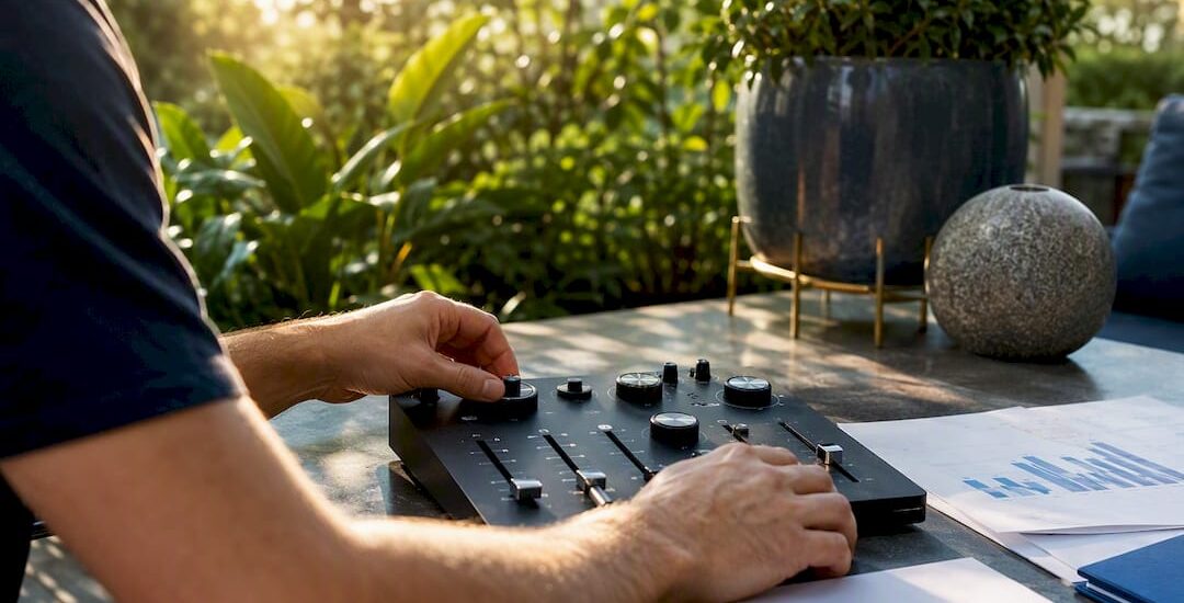 Hands adjusting pricing tools on desk