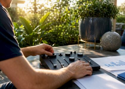 Hands adjusting pricing tools on desk