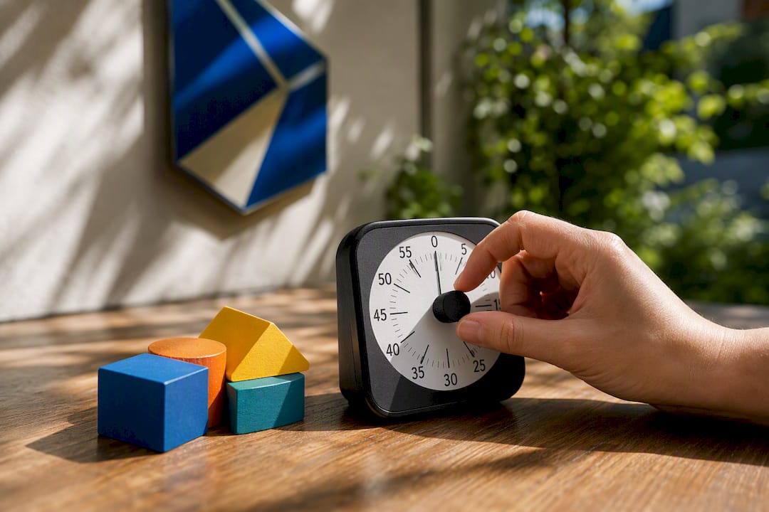 Hand adjusting timer beside segment blocks