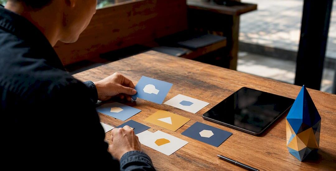Hands arranging colored index cards on desk