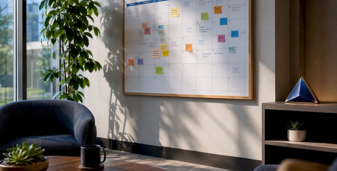 Close-up of calendar planner with strategy markings