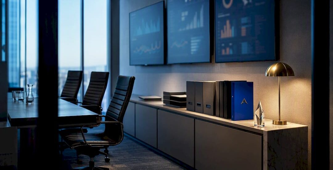 Strategic audit room with KPI displays