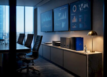 Strategic audit room with KPI displays